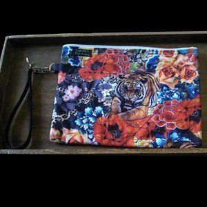 Tiger and flowers wristlet with removable keychain strap